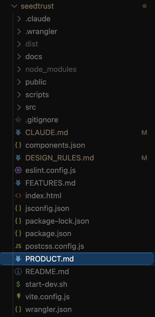 VS Code file tree showing PRODUCT.md in project root